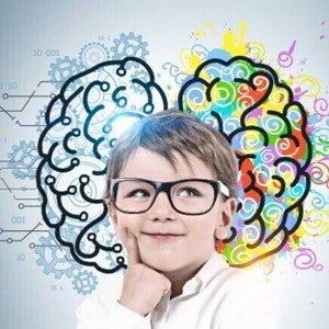 Criança pensativa, usando óculos, com o cérebro dividido em dois hemisférios: um lado com engrenagens e circuitos digitais, e o outro com cores vibrantes e formas artísticas, simbolizando o desenvolvimento cerebral infantil, que abrange lógica e criatividade.