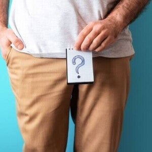 Homem de camiseta branca e calça marrom segurando um papel desenhado um ponto de interrogação em frente ao seu órgão genital Homem de camiseta branca e calça marrom segurando um papel desenhado um ponto de interrogação em frente ao seu órgão genital